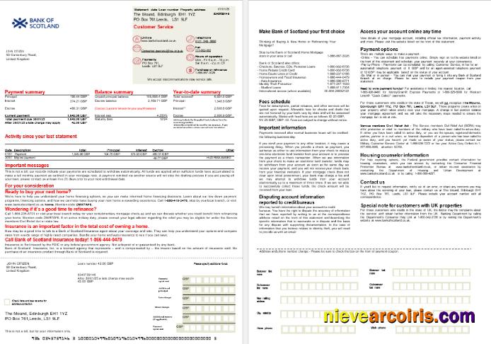 United Kingdom Bank of Scotland mortgage statement, 2 pages